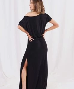 LOVESTITCH Black Micro Rib Off Shoulder Maxi Dress Skirts & Dresses