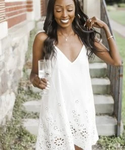 LOVESTITCH Embroidered Racerback Eyelet Border Mini Dress Skirts & Dresses