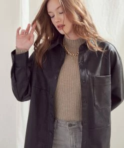 KanCan Phoebe Oversized Faux Leather Shirt Jacket