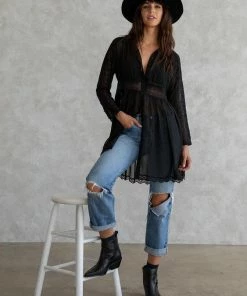 LOVESTITCH Bohemian Lace Detail Long Sleeve Collared Dress