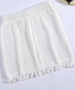 Oista White Mesh Tasseled Beach Cover Up Skirt