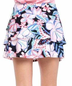 Aryeh Black Floral Tiered Athleisure Skort Bottoms