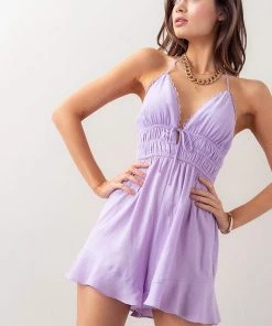 Love Tree Lace Trim Halter Romper