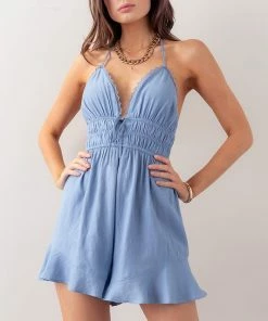 Love Tree Lace Trim Halter Romper