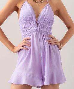 Love Tree Lace Trim Halter Romper