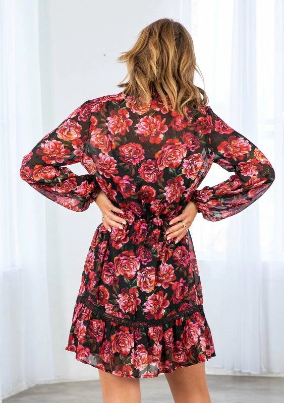 LOVESTITCH HOLIDAY APPAREL Rose Floral Print Clip Dot Long Sleeve Mini Dress 4 LOVESTITCH HOLIDAY APPAREL Rose Floral Print Clip Dot Long Sleeve Mini Dress