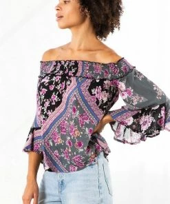 LOVESTITCH Geometric Floral Print Off Shoulder Smocked Top