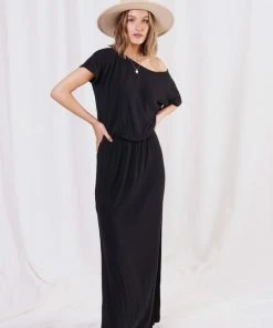 LOVESTITCH Black Micro Rib Off Shoulder Maxi Dress Skirts & Dresses