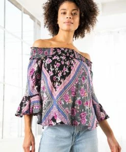 LOVESTITCH Geometric Floral Print Off Shoulder Smocked Top