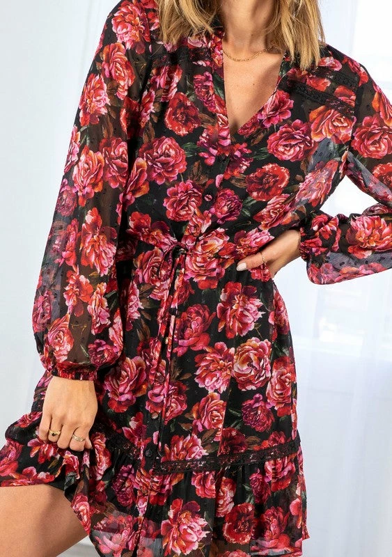 LOVESTITCH HOLIDAY APPAREL Rose Floral Print Clip Dot Long Sleeve Mini Dress 3 LOVESTITCH HOLIDAY APPAREL Rose Floral Print Clip Dot Long Sleeve Mini Dress