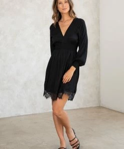 LOVESTITCH Holiday Lace Detail Long Sleeve Mini Dress