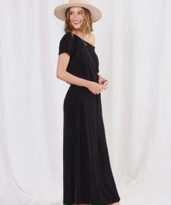 LOVESTITCH Black Micro Rib Off Shoulder Maxi Dress Skirts & Dresses