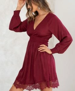 LOVESTITCH Holiday Lace Detail Long Sleeve Mini Dress