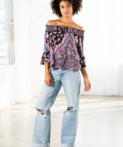 LOVESTITCH Geometric Floral Print Off Shoulder Smocked Top