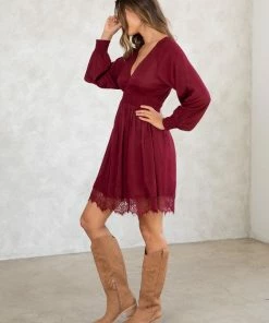 LOVESTITCH Holiday Lace Detail Long Sleeve Mini Dress