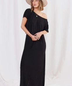 LOVESTITCH Black Micro Rib Off Shoulder Maxi Dress Skirts & Dresses