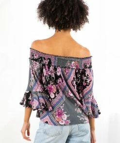 LOVESTITCH Geometric Floral Print Off Shoulder Smocked Top