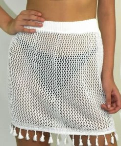 Oista White Mesh Tasseled Beach Cover Up Skirt