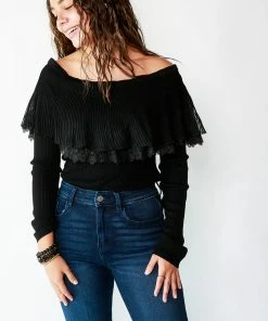 English Factory HOLIDAY APPAREL Lace Ruffle Off-The-Shoulder Top