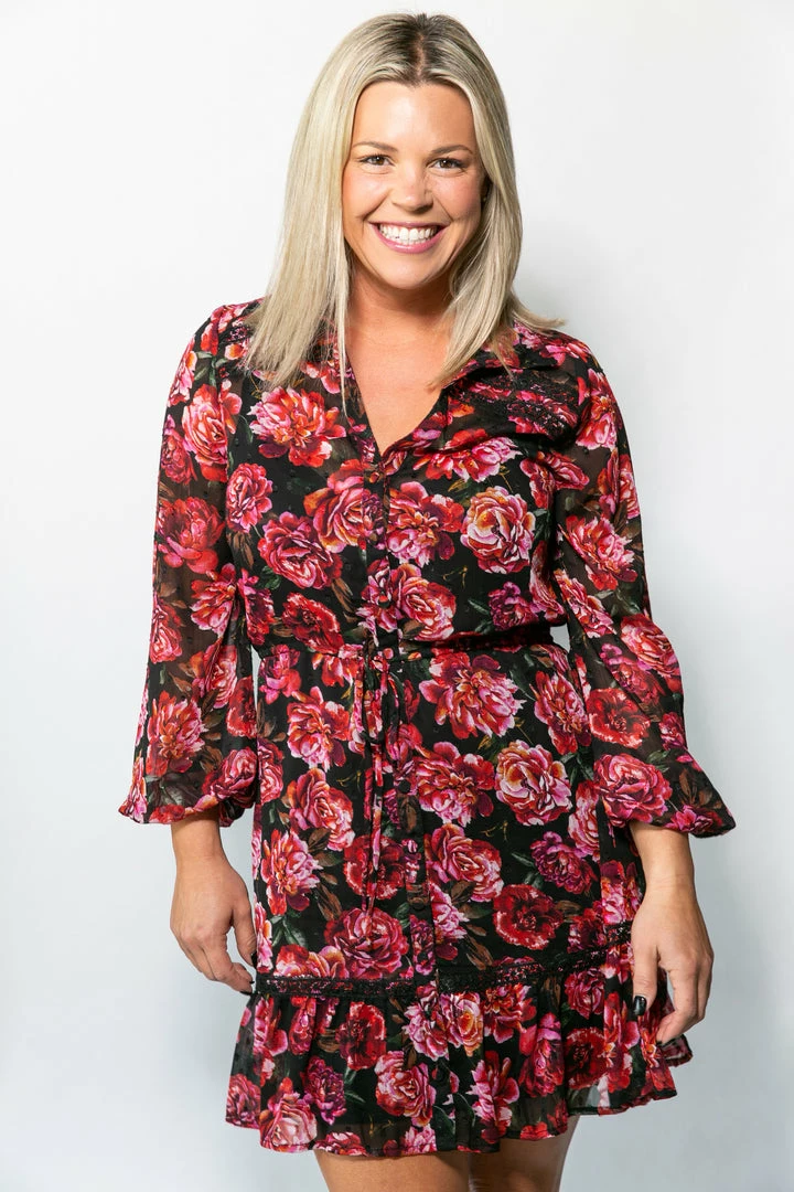 LOVESTITCH HOLIDAY APPAREL Rose Floral Print Clip Dot Long Sleeve Mini Dress 1 LOVESTITCH HOLIDAY APPAREL Rose Floral Print Clip Dot Long Sleeve Mini Dress