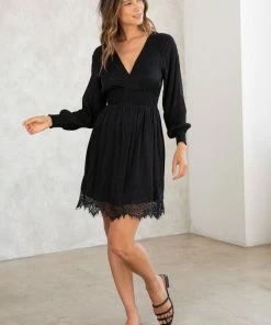 LOVESTITCH Holiday Lace Detail Long Sleeve Mini Dress