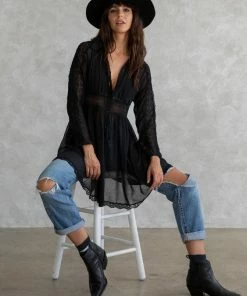 LOVESTITCH Bohemian Lace Detail Long Sleeve Collared Dress