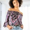 LOVESTITCH Geometric Floral Print Off Shoulder Smocked Top