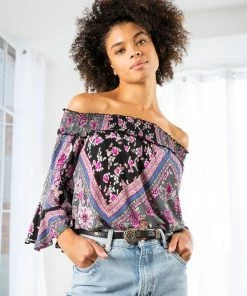 LOVESTITCH Geometric Floral Print Off Shoulder Smocked Top