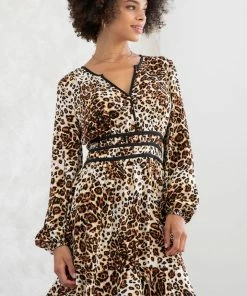 LOVESTITCH Leopard Print Long Sleeve Peasant Mini Dress Skirts & Dresses